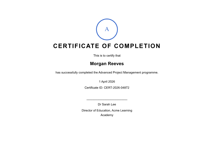 Page 1 preview of the Certificate sample