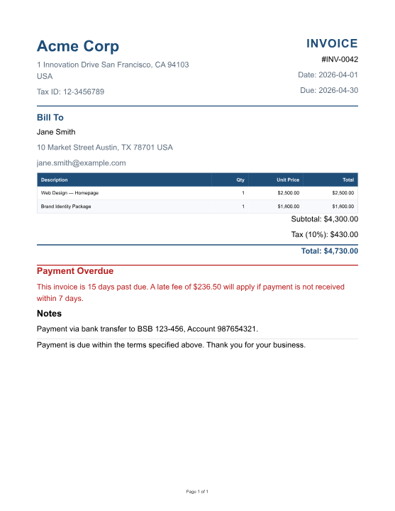 Page 1 preview of the Invoice sample