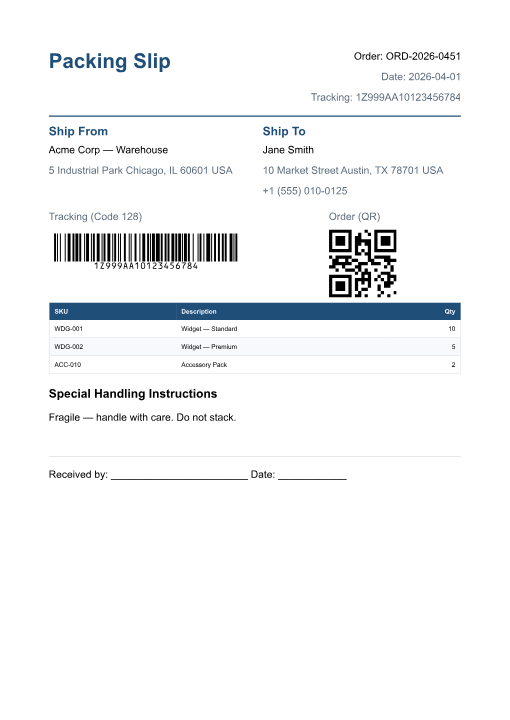 Page 1 preview of the Packing slip sample