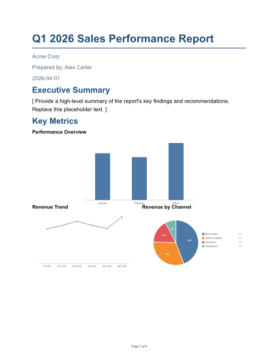 Page 1 preview of the Quarterly report sample