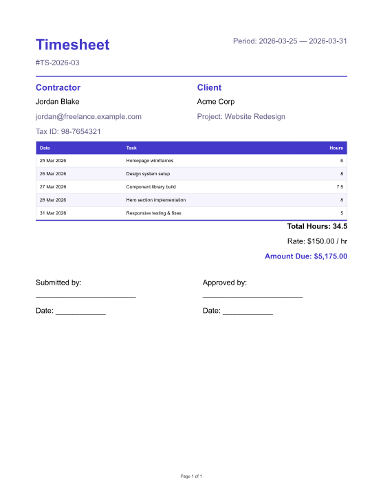 Page 1 preview of the Timesheet sample