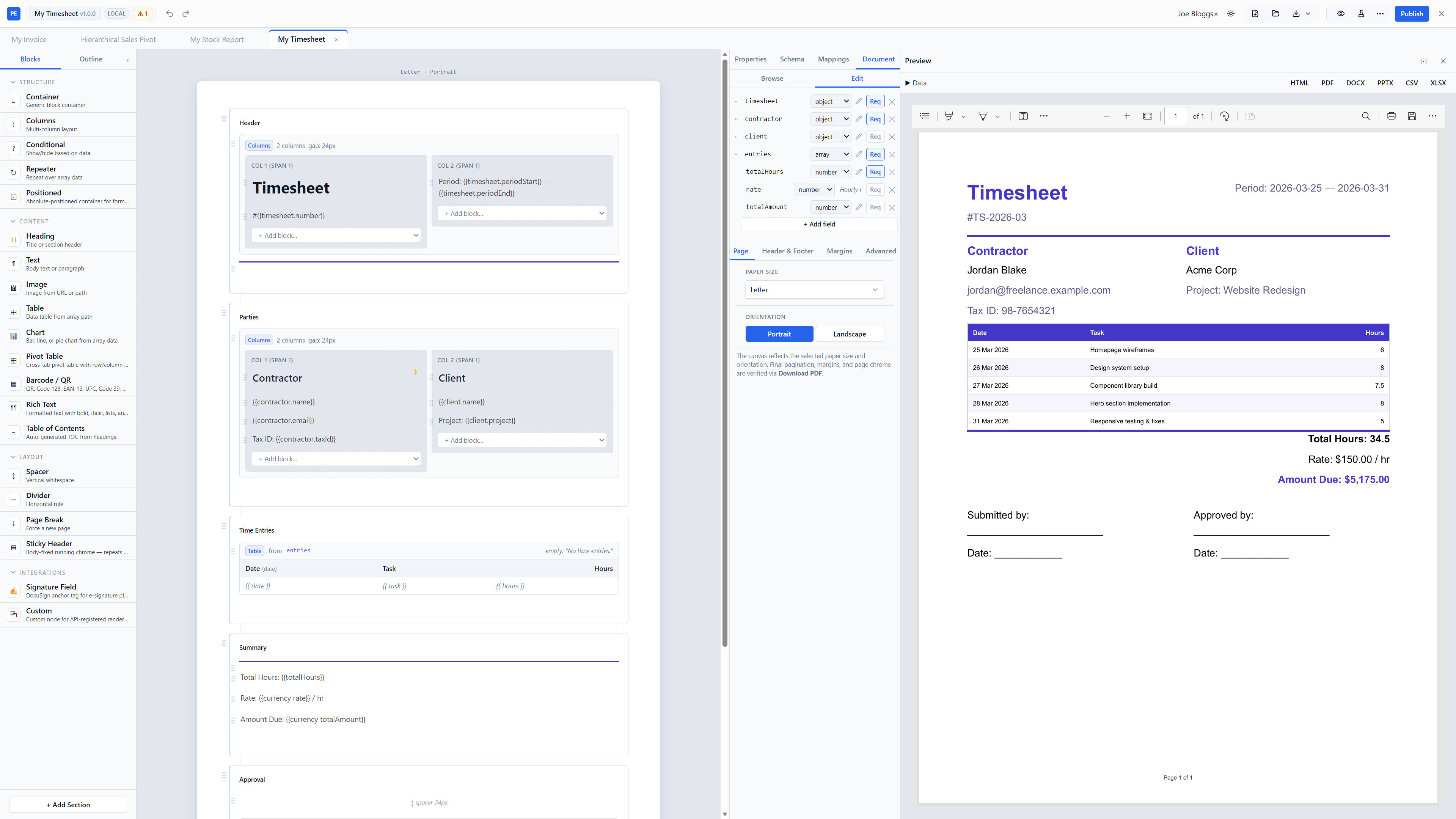 Pulp Engine editor — visual template builder on the left, live multi-format preview on the right